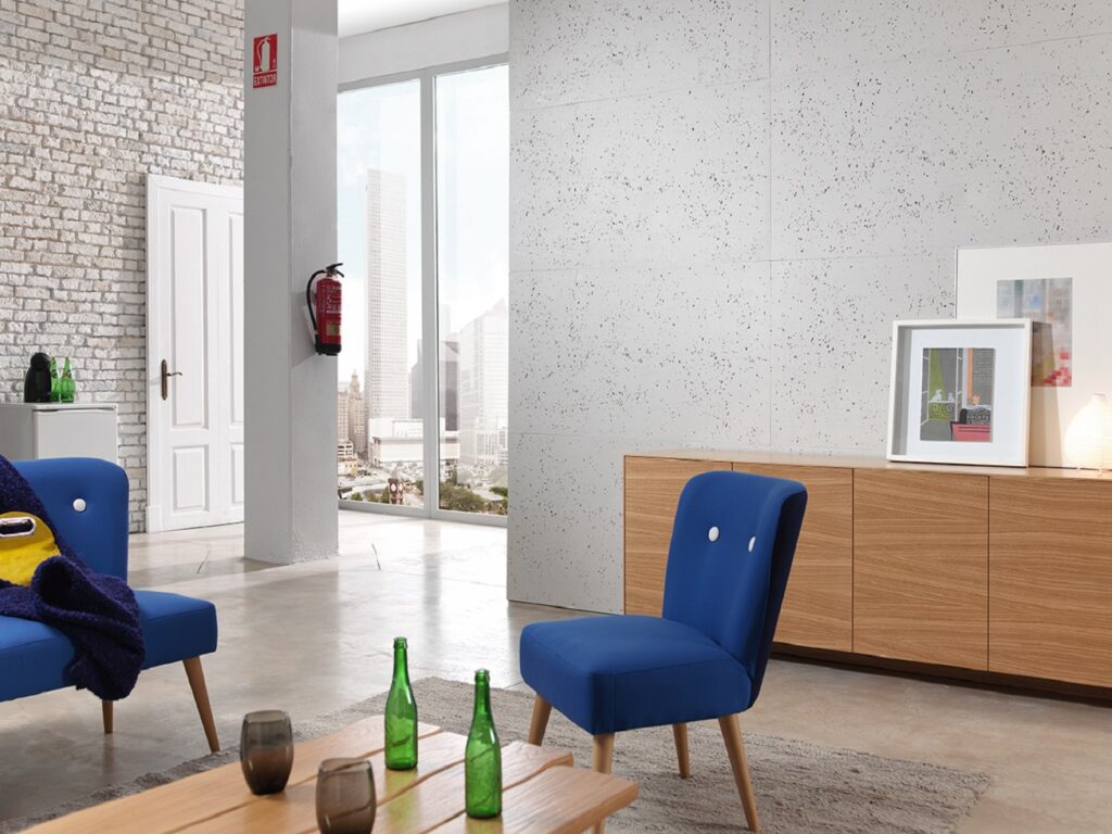 326 Grey Original faux concrete wall cladding in a living room